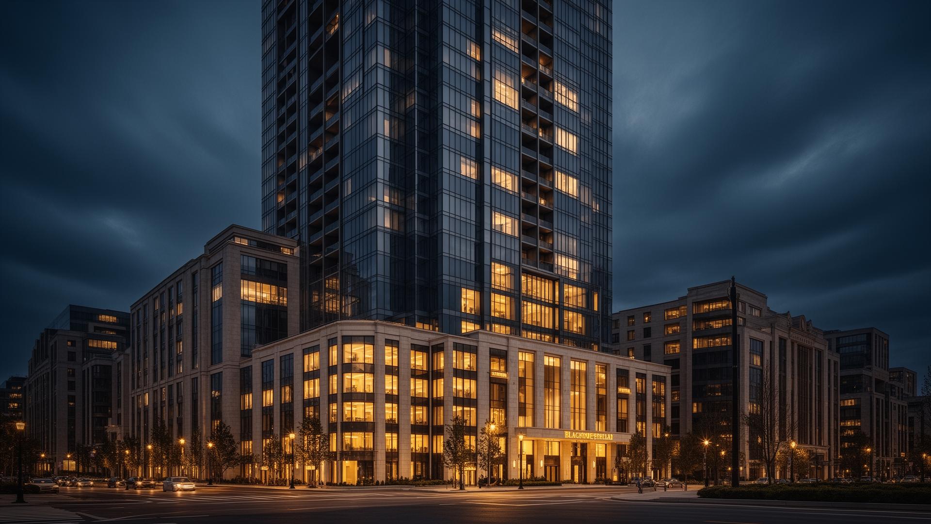 Landmark residential tower at dusk